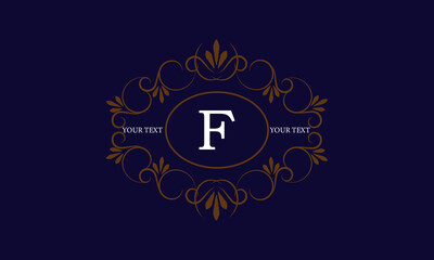 Logo template with monogram element and letter F in the center. Sophisticated ornament for restaurant, club, boutique, cafe, hotel cards. Vector illustration