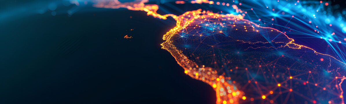 Abstract digital map of South America, South American global network concept and connectivity, data transfer and cyber technology, information exchange and telecommunications.