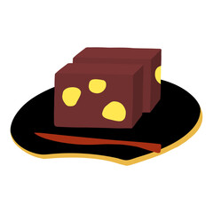 お皿にのった黒文字付きの栗羊羹の手描きカラーイラスト