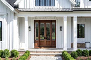 A front door detail of a white modern farmhouse with a wooden front door and a covered porch. - Powered by Adobe