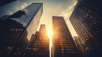 The warm glow of a setting sun filters between buildings,  financial district at the close of a business day. Golden Hour Sunlight Shining Between Skyscrapers in Financial District - obrazy, fototapety, plakaty