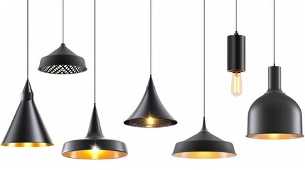 Vector illustration of metal pendant lamp shades in various shapes and sizes, all in black color. The lamps are isolated on a white background - obrazy, fototapety, plakaty