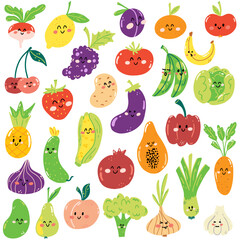Set of hand drawn cute fruits and vegetables in kawaii style. Healthy fresh food full of vitamins, funny kids characters