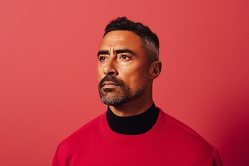 Portrait of handsome bearded man in red sweater over red background.