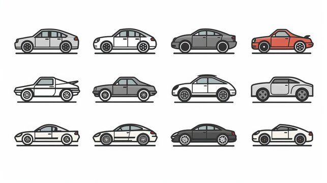 Linear style vector illustration of a set of car icons