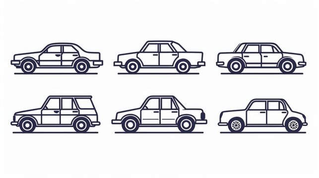 Linear style vector illustration of a set of car icons