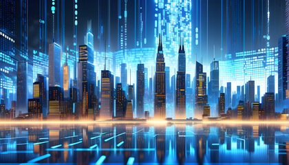 Futuristic smart city with digital binary data abstract background
