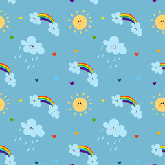 Seamless pattern of rainbows, clouds, sun. Children's print. Vector illustration on a blue background.