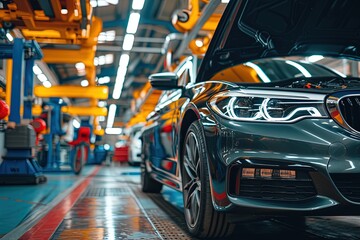 Obraz premium Car in a repair shop with open hood.