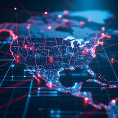 Abstract digital map of the Americas, American global network concept and connectivity, data transfer and cyber technology, information exchange and telecommunications. EE.UU.