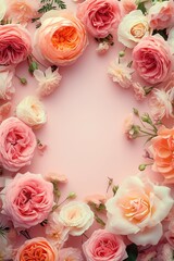 Pink orange and beige roses laid out in flat lay on a beige background with space for text in the center