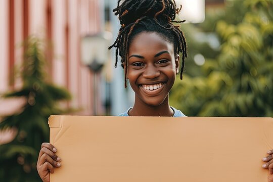 A Young African American Woman Smiling And Holding A Blank Sign.