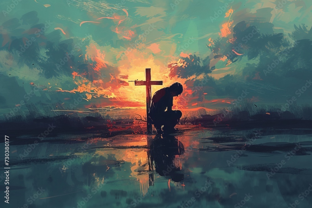 Poster man praying in front of a cross.