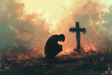 Man praying in front of a cross. - obrazy, fototapety, plakaty