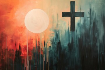 Painting of christian cross at sunset, cityscape. - obrazy, fototapety, plakaty