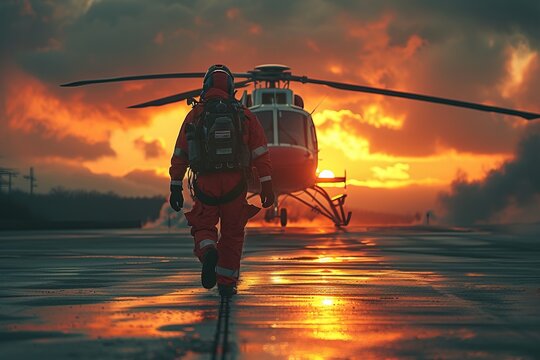 A paramedic runs to the landing helicopter.