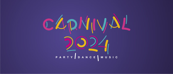 Carnival 2024 handwritten typography colorful logo party dance music purple background