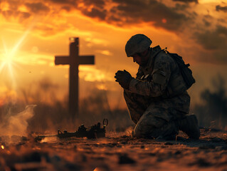 Christian soldier praying with cross in the background. Christian concept - obrazy, fototapety, plakaty
