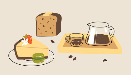 Vector hand painted cafe tasty pastry desserts and coffee illustration Cute flat simple hand drawn icon collection