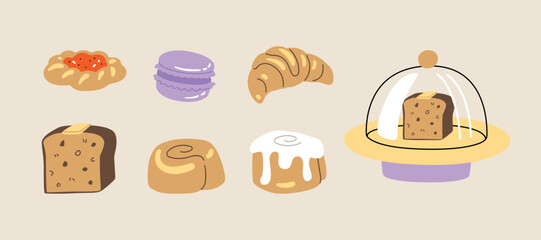 Vector hand painted cafe tasty pastry Danish banana bread croissant macaroons and cinnamon buns desserts illustration Cute flat simple hand drawn icon collection