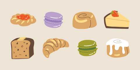 Vector hand painted cafe tasty pastry banana bread danish cheesecake cinnamon buns croissant and macaroons desserts illustration Cute flat simple hand drawn icon collection