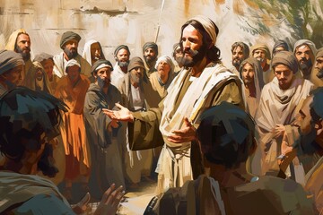Jesus teaches people, people stand around Him. - obrazy, fototapety, plakaty