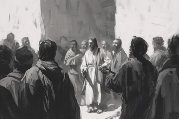 Jesus teaches people, people stand around Him. Black and white illustration.