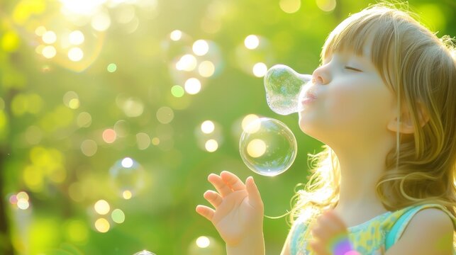 A young girl's carefree joy shines through as she releases iridescent bubbles into the warm summer air, creating a magical portrait of pure happiness