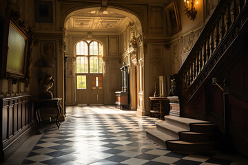 Fototapeta na wymiar Interior hall of old money, real estate, english country house, stately home, aristicrat, noble, lord, country house, manor, downton abbey