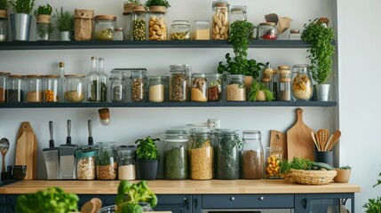 A charming indoor kitchen display, with a wall of vibrant flowers and herbs in assorted jars and pots on a full shelf, adding a touch of life and flavor to the room
