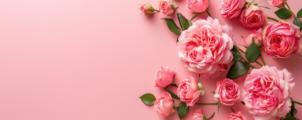 Pink roses beautifully laid out on a pink background