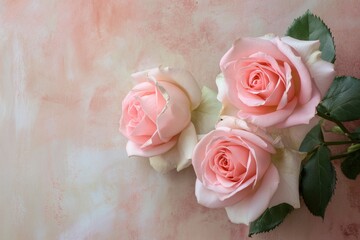 Bouquet of three pink roses on a beige background with space for text