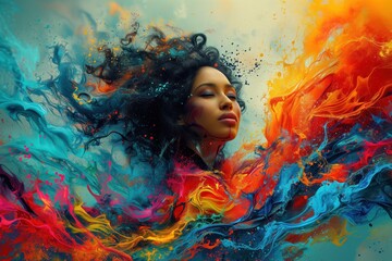Obraz na płótnie Canvas A dark-skinned girl with curly dark hair bathes in iridescent colors