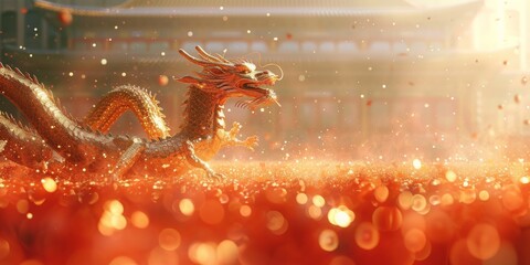 Obraz na płótnie Canvas Auspicious Ascent: A Celebration of Gold Dragons in Red Simplicity