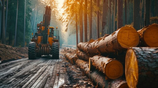 The harvester working in forest. Harvest of timber. Firewood as a renewable energy source. Agriculture and forestry theme.
