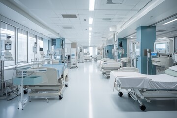 Interior of a hospital room with empty beds and medical equipment