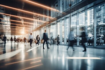 Long exposure shot of business people waking on a modern office building