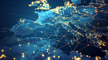 Abstract digital map of Western Europe, European global network concept and connectivity, data transfer and cyber technology, information exchange and telecommunications. - obrazy, fototapety, plakaty
