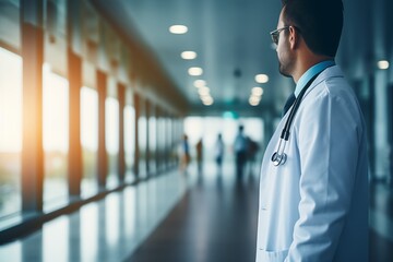 Side view of young male doctor in white coat and stethoscope standing in hospital corridor