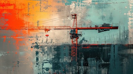 Painting of a crane in construction site.