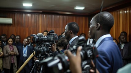 A press conference announcing preliminary election results, with journalists asking questions, reflecting the role of media in the electoral process - obrazy, fototapety, plakaty