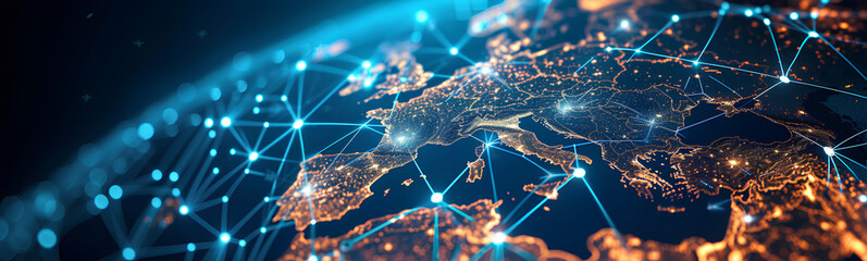 Abstract digital map of Western Europe, European global network concept and connectivity, data transfer and cyber technology, information exchange and telecommunications. - obrazy, fototapety, plakaty