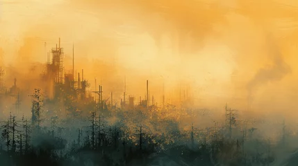 Tuinposter Painting of a misty landscape and industrial buildings. © Bargais