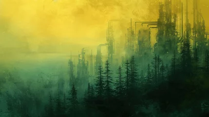 Rolgordijnen Painting of a misty landscape and industrial buildings. © Bargais