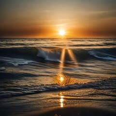  abstract sunset on the beach with the wave of the water in the reflecting sunlight of the sun realistic hd image