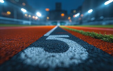 Close-up Perspective of Running Track Lane Numbers at Night