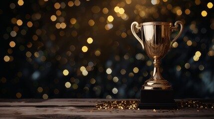A low key image showcasing a trophy placed over a wooden table against a dark background, with abstract shiny lights illuminating the scene