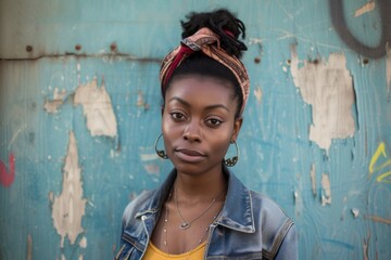 Obraz premium A poised young woman proudly donning a head scarf stands confidently against a vibrant blue wall, exuding both strength and grace in her fashion choices