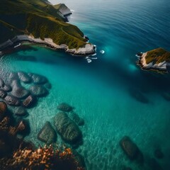 view of the sea from the sky in the morning with stones under blue crystal water realistic hd image 