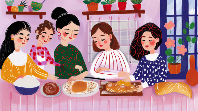 Baking Day Fun: Friends Baking Together in a Cozy Kitchen, with Flour, Dough, and Sweet Treats. Hand Drawn Gouache Illustration.